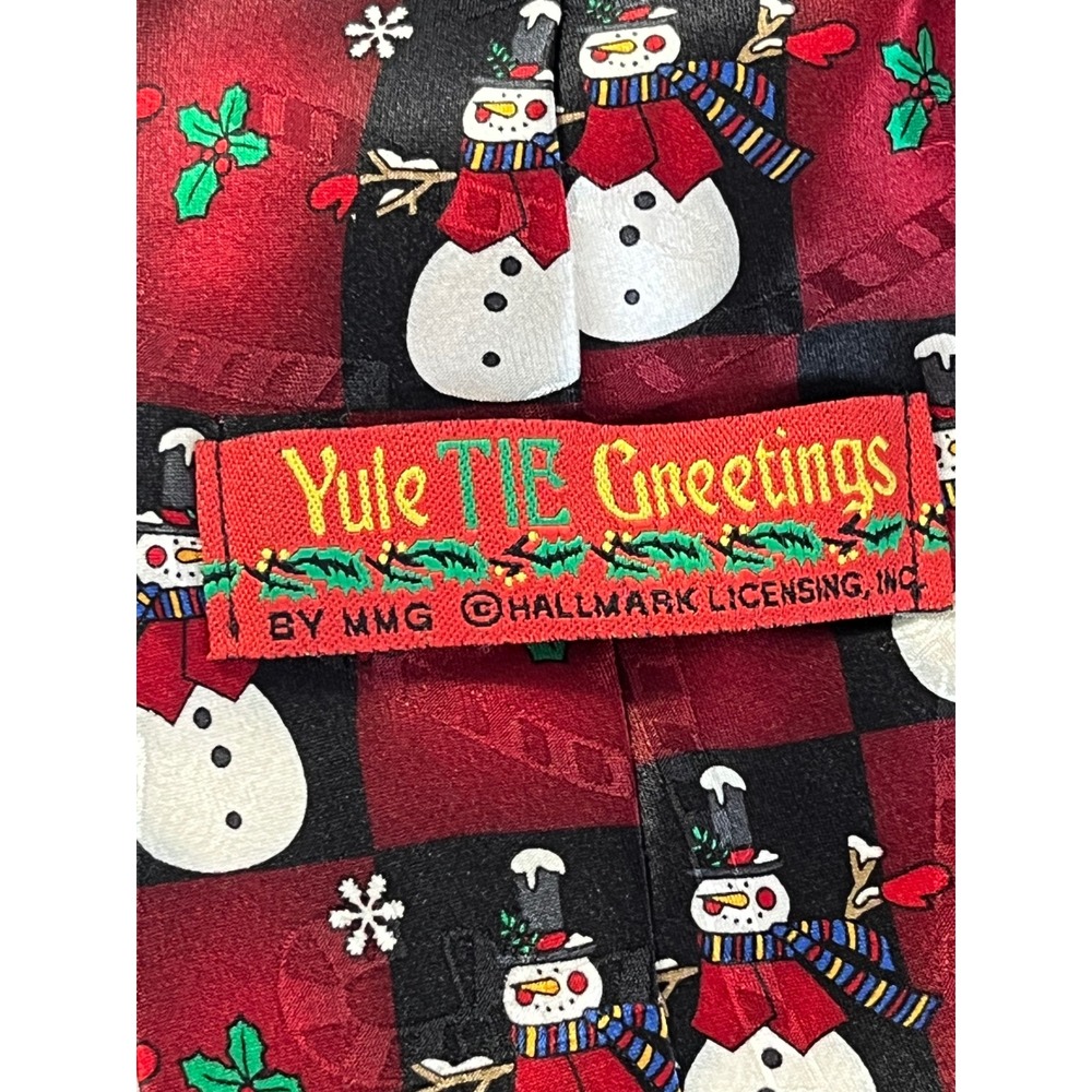 Hallmark Yule Tie Greetings Necktie Mens OS Red Black Excellent Silk Snowman - Picture 6 of 10